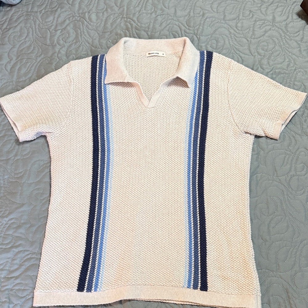 Men's Marine Layer Conrad Knit Sweater Polo Shirt with Blue Stripes, Medium